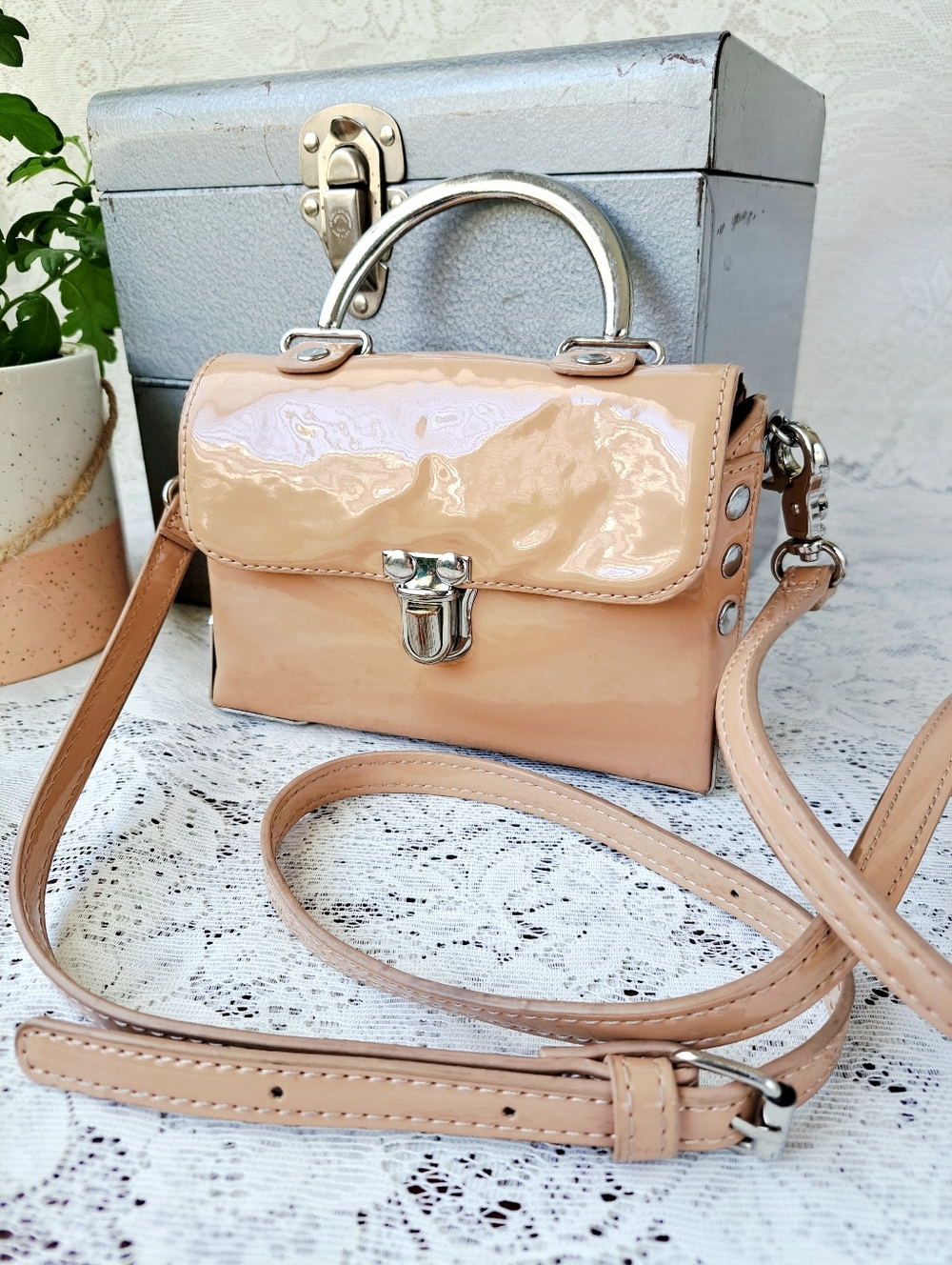 Boxy Mini Bag Satchel Crossbody in Nude/Beige Stud Accents Urban Outfitters
